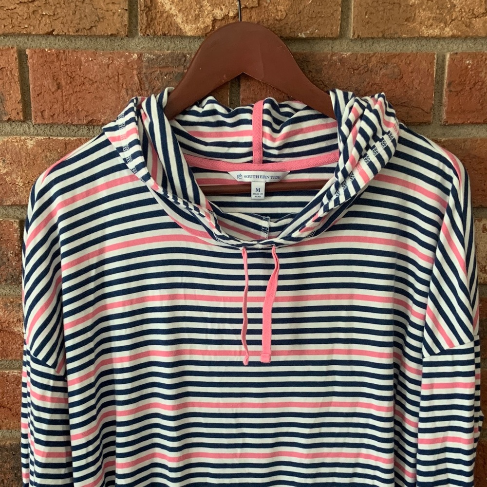Southern Tide Navy and Pink Striped Cozy Hoodie Pullover - Picture 3 of 7